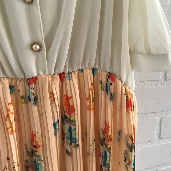 Vintage Mini Dress Retro Vibe Floral Flowy Chiffon Pearl Fairy Coquette M - Picture 3 of 6